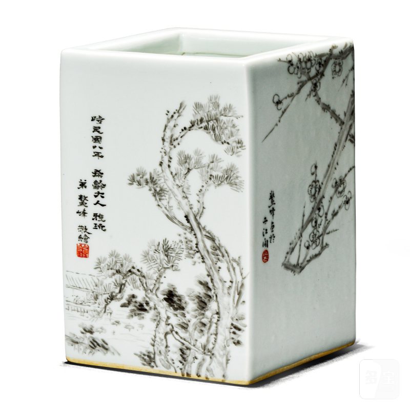 民国 鳌峰墨彩四方笔筒